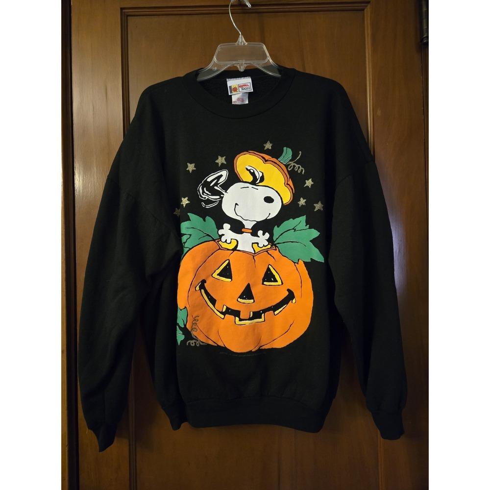 Vtg Peanuts Snoopy Halloween Womens XL Sweatshirt Pumpkin JackO Lantern Glitter